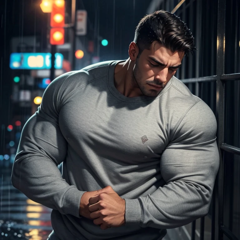 a young and very handsome, sad, massively muscular man, with massively large muscles, with massively large biceps, with massively large arms, with his eyes closed, wearing a simple gray sweatshirt with long sleeves, in a rainy city at night seen up close