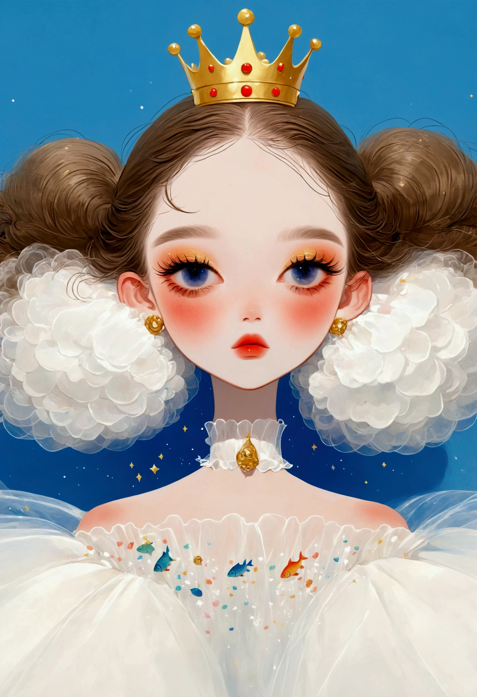 Pastel Art：1 beautiful and elegant girl，Elf ears，Golden crown，(((Puffy Tulle Dress，Exaggerated sleeves，Fluffy，FluffyWhite薄纱)))，Colorful fish，White+blue+orange color