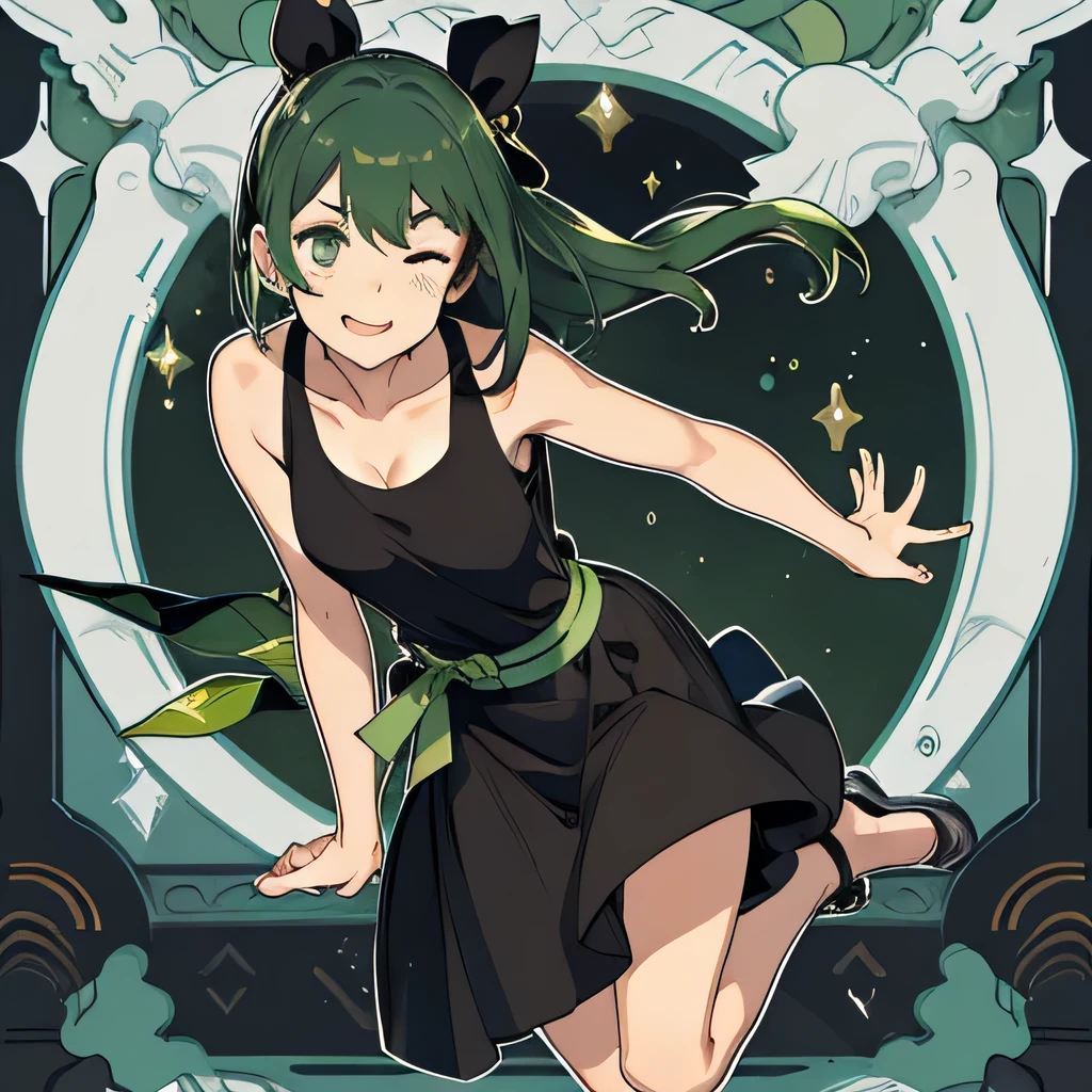  1girl, zodiac_mallow, solo, lovely small breasts, solo, green hair, long hair, twintails, headband, pink flower in hair, green eyes, looking at viewer, dark skin, head tilt,a come-hither face, parted lips, nose blush, blush,dark skin,black sun dress, see-through,  cleavage, in the castle, standing, , come-on, 