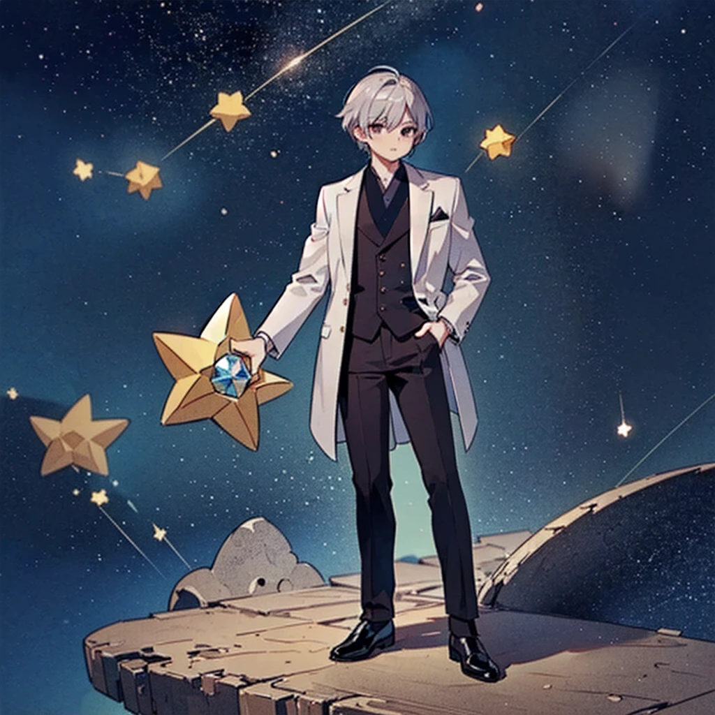((Highest quality，masterpiece，Extremely sophisticated details，Full body picture of a handsome Korean-style man with short silver hair，Holding a big three-dimensional star in hand，Wearing a boss&#39;s formal short black suit without tie and high collar，singer))，Extremely mature and handsome，super handsome guy，Small silver jewelry decoration，Gorgeous stage background，Q version