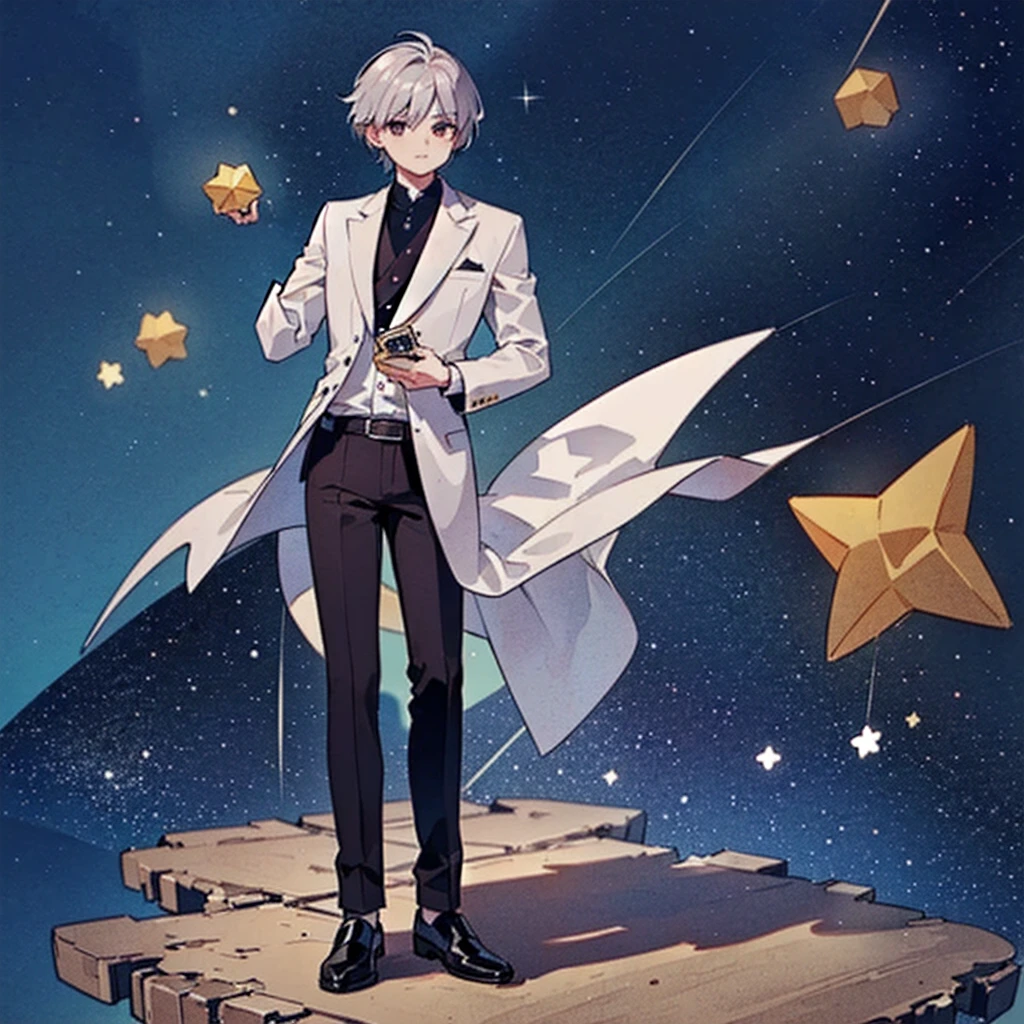 ((Highest quality，masterpiece，Extremely sophisticated details，Full body picture of a handsome Korean-style man with short silver hair，Holding a big three-dimensional star in hand，Wearing a boss&#39;s formal short black suit without tie and high collar，singer))，Extremely mature and handsome，super handsome guy，Small silver jewelry decoration，Gorgeous stage background，Q version