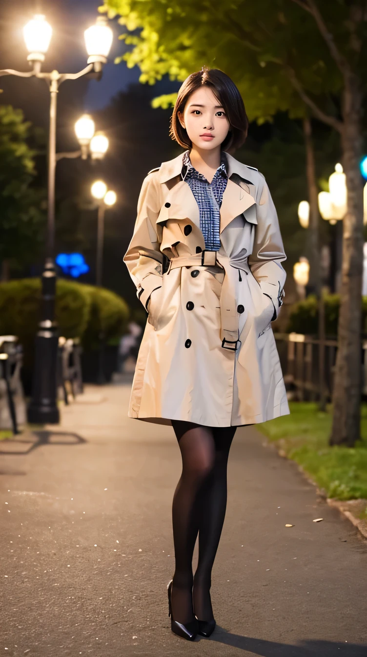 high quality,16K:1.1),(Written boundary depth:1.3) ,Full body photo、smile、Standing woman、smile、short hair、Wearing a trench coat、shirt、Knee-length skirt、tights、pumps、View your audience:1.3),(Full Body Shot:1.2),The background is a park at night