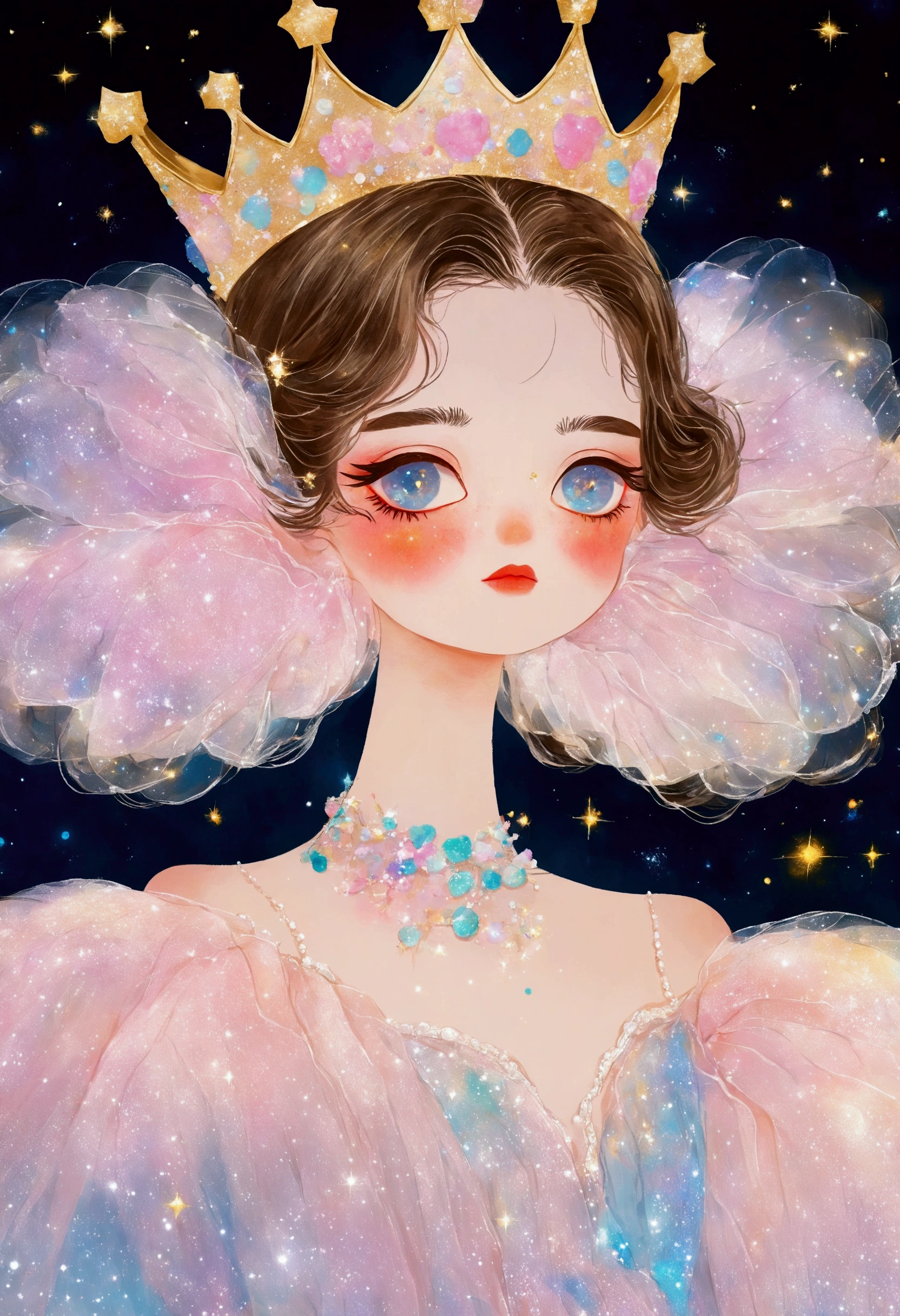 Pastel Art：1 beautiful and elegant girl，Golden crown，Puffy Tulle Dress，Exaggerated sleeves，Fluffy，Fluffy白色薄纱裙，dreamy starry dark background