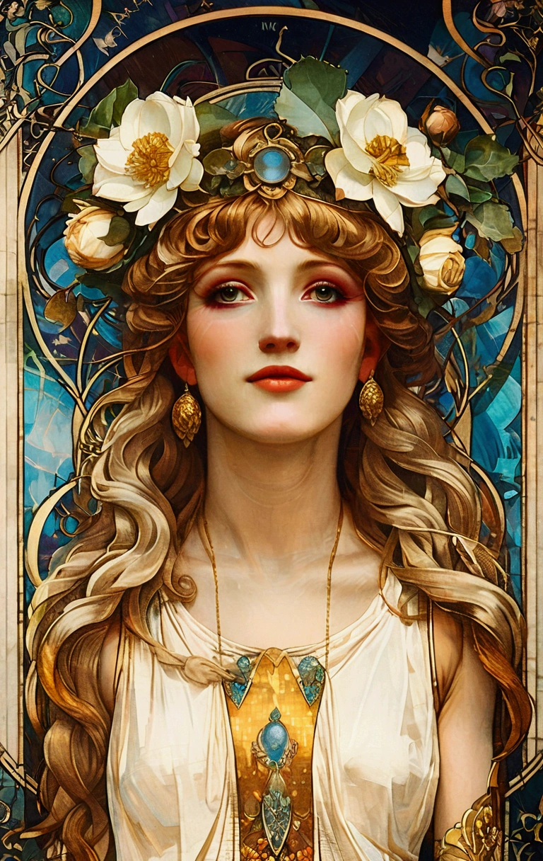 European woman portrait, Waist, Long flowing hair, Blonde, Oil painting feeling, Model imposing flower frame, decorative panel, abstraction, directed by: Alphonse Mucha (Main part, extremely high quality, High resolution: 1.4), detailed, intricate details, splash of color, Line art, Fibonacci, Wear underwear, atmospheric perspective, Art Nouveau, 4k