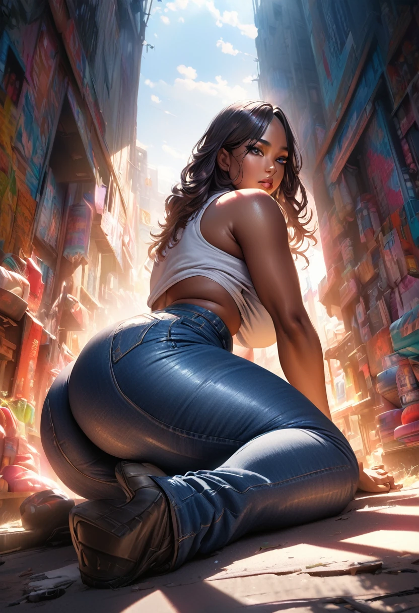 a giant curvy African-American woman with a big booty wearing tight jeans, beautiful detailed eyes, lips and face, masterpiece, photo-realistic, hyper detailed, extremely detailed, high quality, ultra-detailed, organic, volumetric, cinematic lighting, dramatic lighting, dramatic shadows, vibrant colors, vivid colors, volumetric lighting, dynamic composition, cinematic pose, realistic skin texture, realistic fabric texture, realistic hair texture