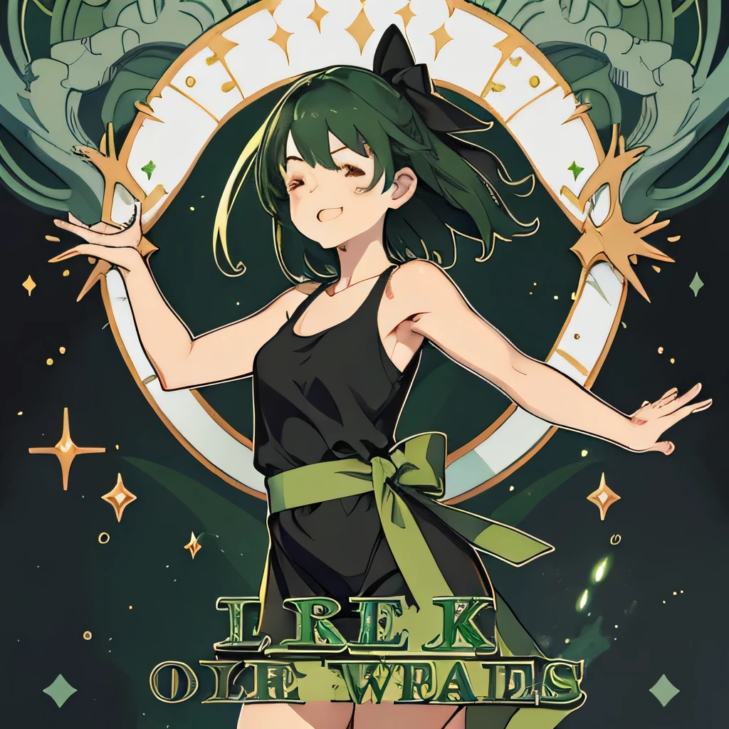 Masterpiece, first class, (perfect face: 1.1 points), (attention to detail: 1.1 points), one of a kind, (healthy skin), cartoon, deformed, full body, anteater, white skin, (dark green shiny hair), (bright green tips), (large black ribbon on both sides), green eyes, black string tank top, waist ( DREAM), eyes closed, smile, mouth wide open, looking at camera, frontal face, background, plain,