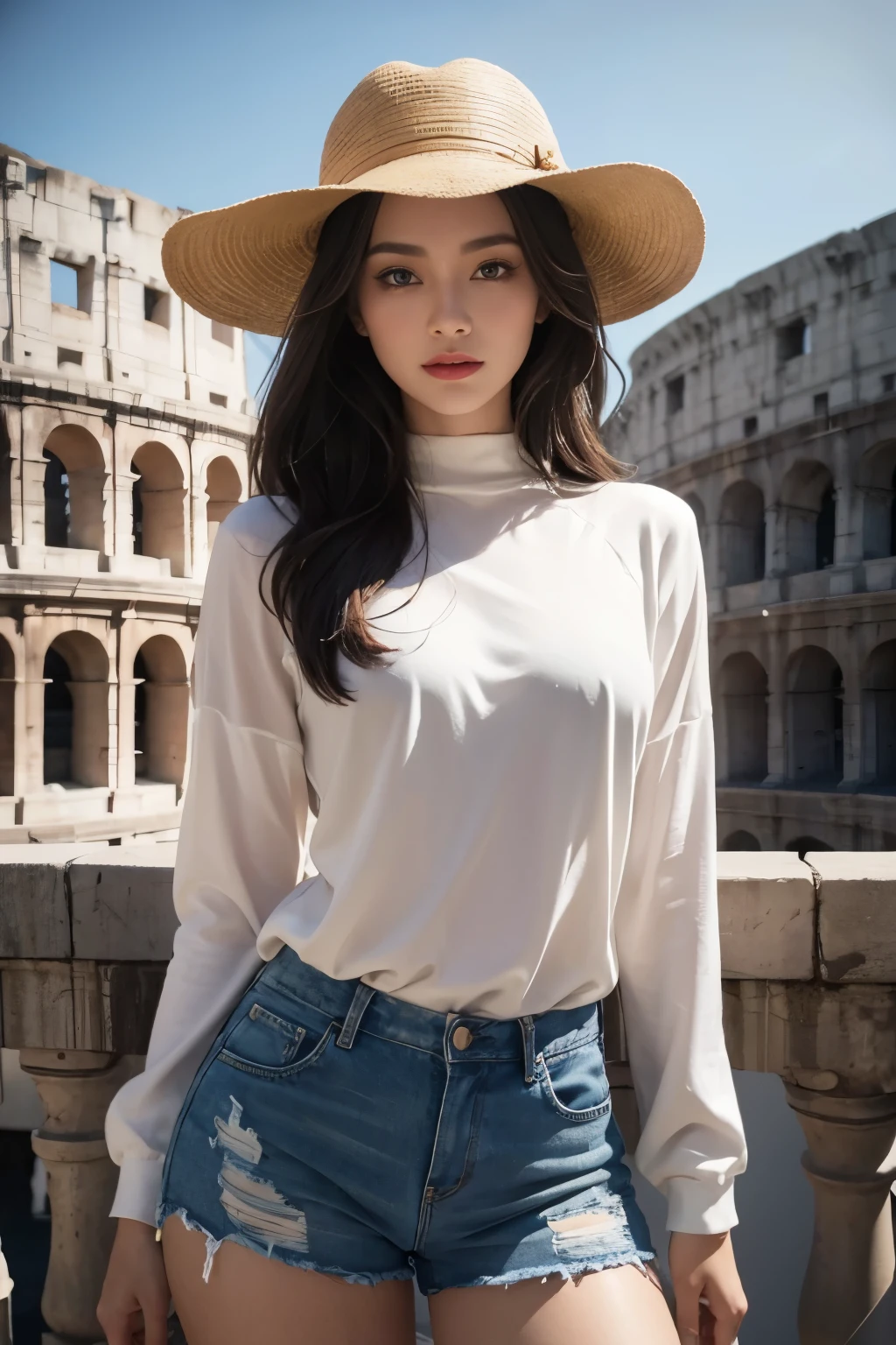 a beautiful woman with a perfect figure, casual long sleeves and shorts, wearing hat, posing in front of the Rome Colosseum, detailed face, detailed eyes and lips, photorealistic, cinematic lighting, warm tones, 8k, high quality, masterpiece, realistic, beautiful detailed eyes, beautiful detailed lips, extremely detailed face, long eyelashes, realistic lighting, cinematic shot, ultra-detailed