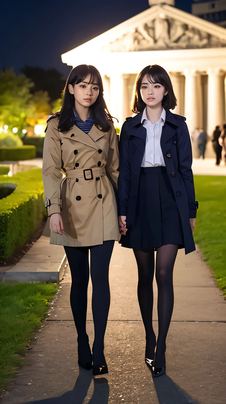 high quality,16K:1.1),(Written boundary depth:1.3) ,Full body photo、smile、two women standing、smile、short hair、Wearing a trench coat、shirt、Knee-length skirt、tights、pumps、View your audience:1.3),(Full Body Shot:1.2),The background is a park at night