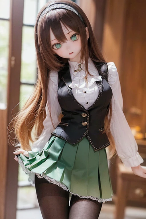 (SFW:2), photorealistic, realistic photo, 8k, ((highest quality)), ((masterpiece)), (extremely detailed), kukolnydom, doll, (mature woman, 21yo, 21 years old, solo:1.6), ((cowboy shot, standing, head tilt, slim, slender, skinny, medium breasts, hairband, ascot, vest, blouse, long puff sleeves, pleated skirt, black pantyhose)), (green eyes, brown hair, long hair, plastic skin, looking at another, glass eyes, gradient eyes, shining eyes, detailed eyes:1.3)