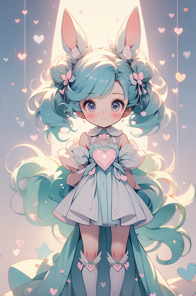 (pastel:1.2)、(Chibi Girl:1.2)、Ezvian everywhere、Long twin tails、Bow and Bow、Heart Eyes、Fluffy dress、Whistling、Fluffy Robot Rabbit_Floating、Laughing pose、original、Fantasy Background、Colorful gradient