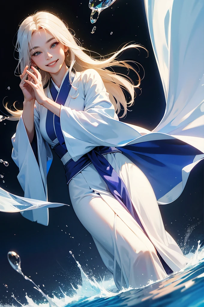 Smiling beautiful woman in a kimono holding a transparent glass of water close to her face