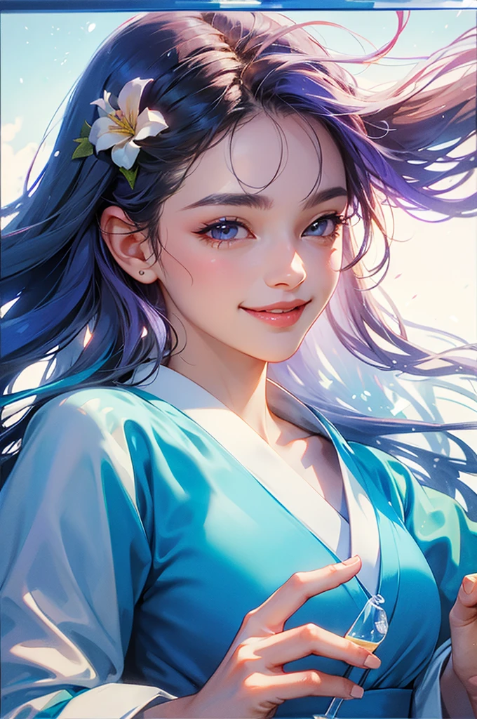 Smiling beautiful woman in a kimono holding a transparent glass of water close to her face