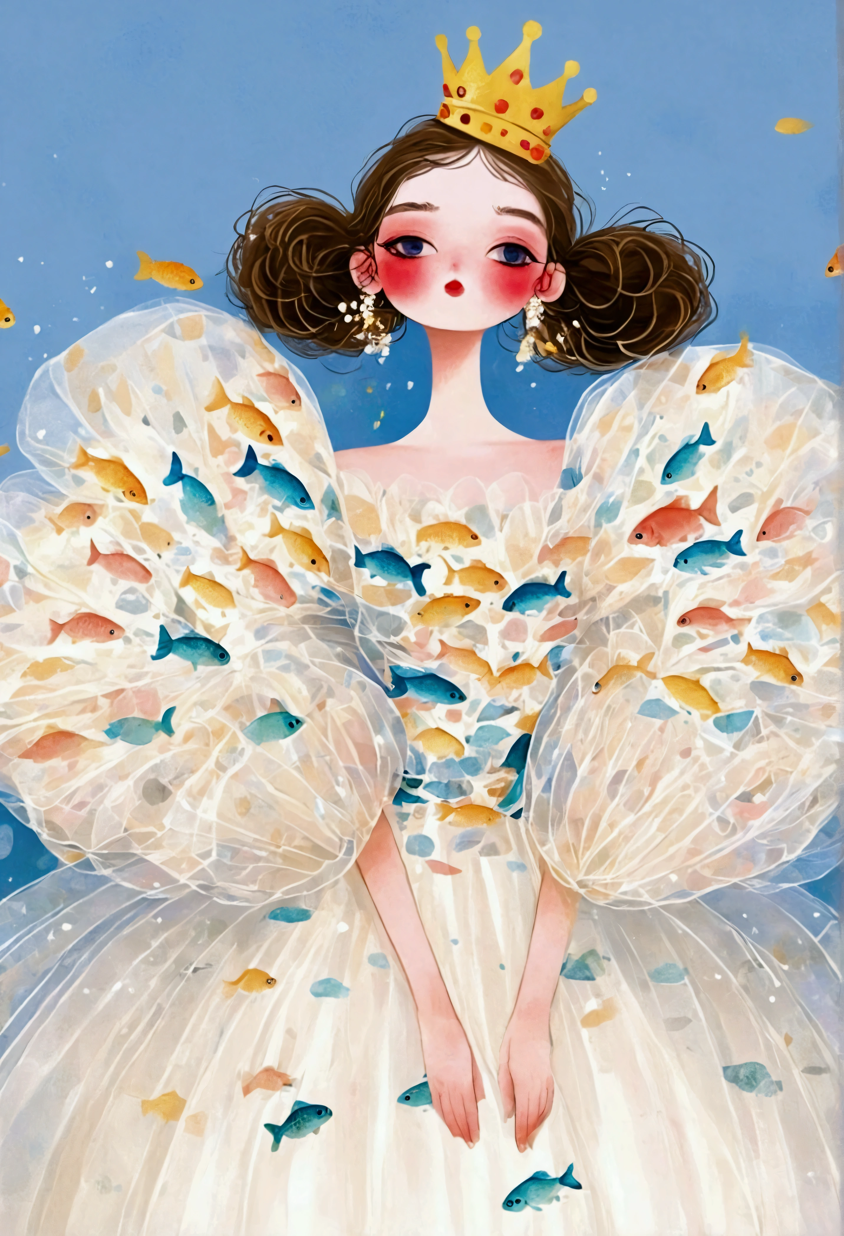 Pastel Art：1 beautiful and elegant girl，Golden crown，(((Puffy Tulle Dress，Exaggerated sleeves，Fluffy，Fluffy白色薄纱)))，Colorful fish in the sleeves，Dark background