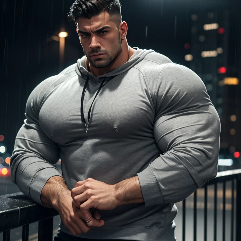 a young and very handsome, sad, massively muscular man, with massively large muscles, with massively large biceps, with massively large arms, crying a lot, wearing a simple gray sweatshirt with long sleeves, in a rainy city at night, seen closely