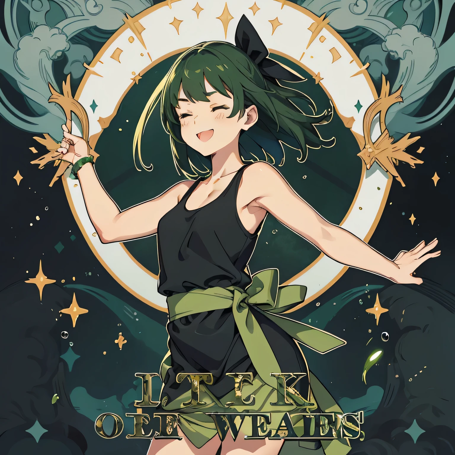 Masterpiece, first class, (perfect face: 1.1 points), (attention to detail: 1.1 points), one of a kind, (healthy skin), cartoon, deformed, full body, anteater, white skin, (dark green shiny hair), (bright green tips), (large black ribbon on both sides), green eyes, black string tank top, waist ( DREAM), eyes closed, smile, mouth wide open, looking at camera, frontal face, background, plain,