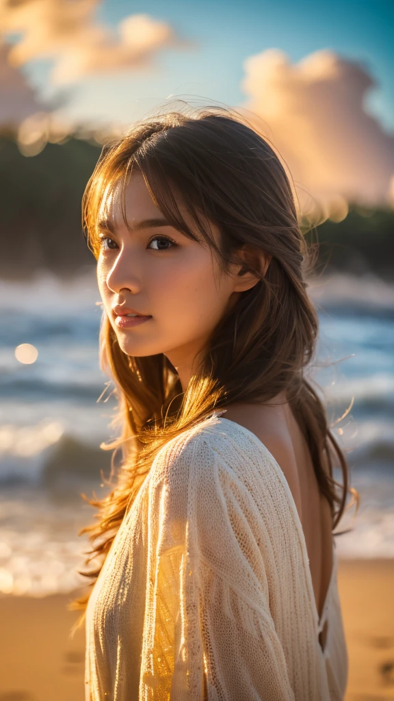 A cute asian girl with long brown hair in a long white dress and denim dress, walking on a tropical beach, (best quality,4k,8k,highres,masterpiece:1.2),ultra-detailed,(realistic,photorealistic,photo-realistic:1.37),highly detailed face and eyes, beautiful detailed eyes, beautiful detailed lips, extremely detailed eyes and face, long eyelashes, natural lighting, golden hour, warm colors, ocean waves, sandy beach, palm trees, dramatic sky