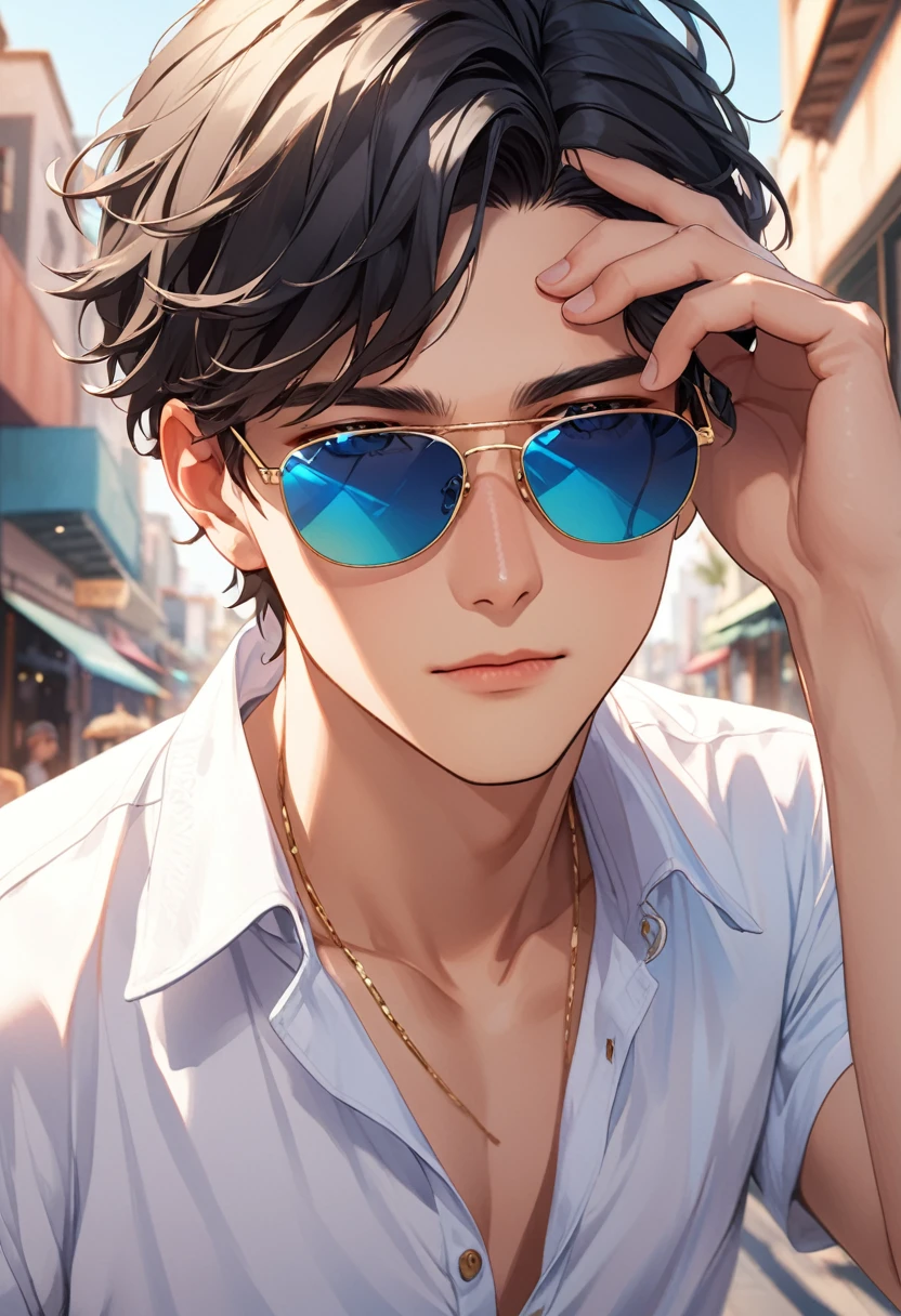 20-year-old boy, Warm Skin, Grey Eyes, Mature Face, Upper body from the waist up, short hair, Gold and black mixed hair color, Focus on the face, Peeking through sunglasses, Casual clothing, accessories not included, Flashy summer clothes, A loose-fitting short-sleeved collared shirt, Highest quality, Very detailed, Urban Background
