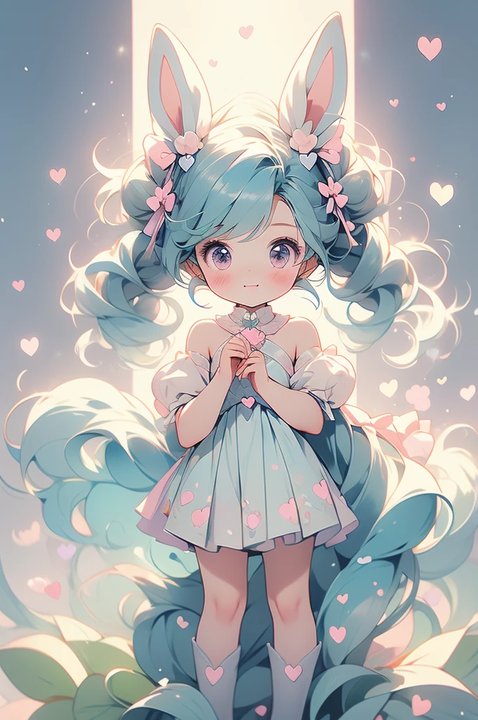 (pastel:1.2)、(Chibi Girl:1.2)、Ezvian everywhere、Long twin tails、Bow and Bow、Heart Eyes、Fluffy dress、Whistling、Fluffy Robot Rabbit_Floating、Laughing pose、original、Fantasy Background、Colorful gradient