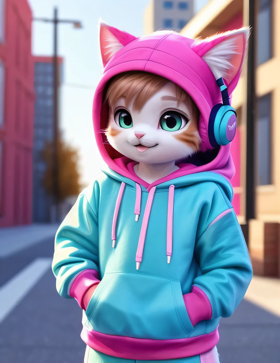 Cute white baby cat with fluffy fur and urban clothes, A hoodie and headphones, The background is modern and inorganic, Adorable digital painting, 3D Rendering, Bright lighting, Vibrant colors,  It&#39;s raining outside