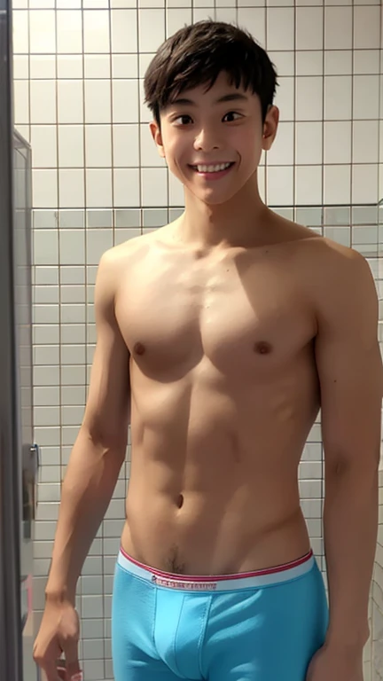 Japanese men、、Underdeveloped muscles and smooth skin、Very short black hair、A relaxed and friendly smile、Light blue boxer briefs、You can see your whole body from your toes to your head、Posing in the bathroom、