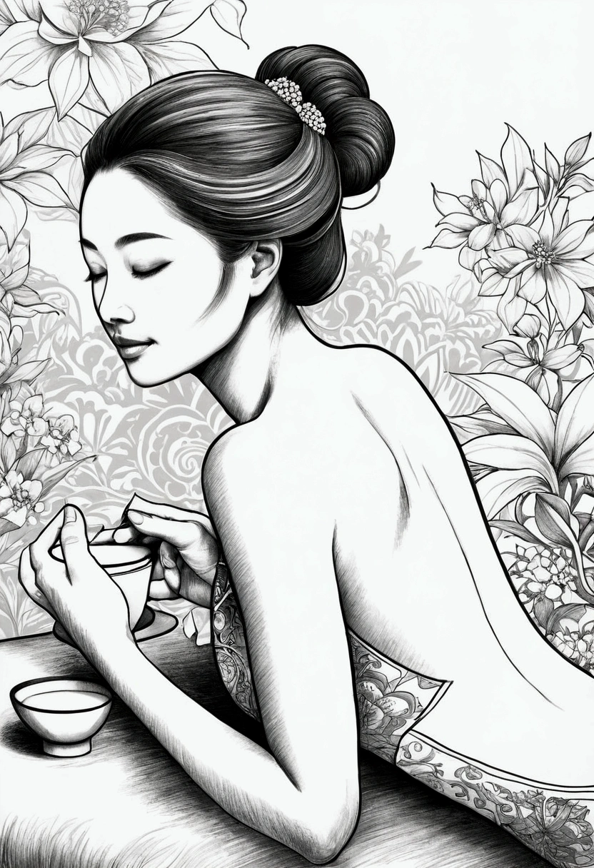 Drawing of a woman enjoying a massage,Tea tasting scene,There should be clothes on the back,At the same time, color,Tachibana,The overall feeling is warm