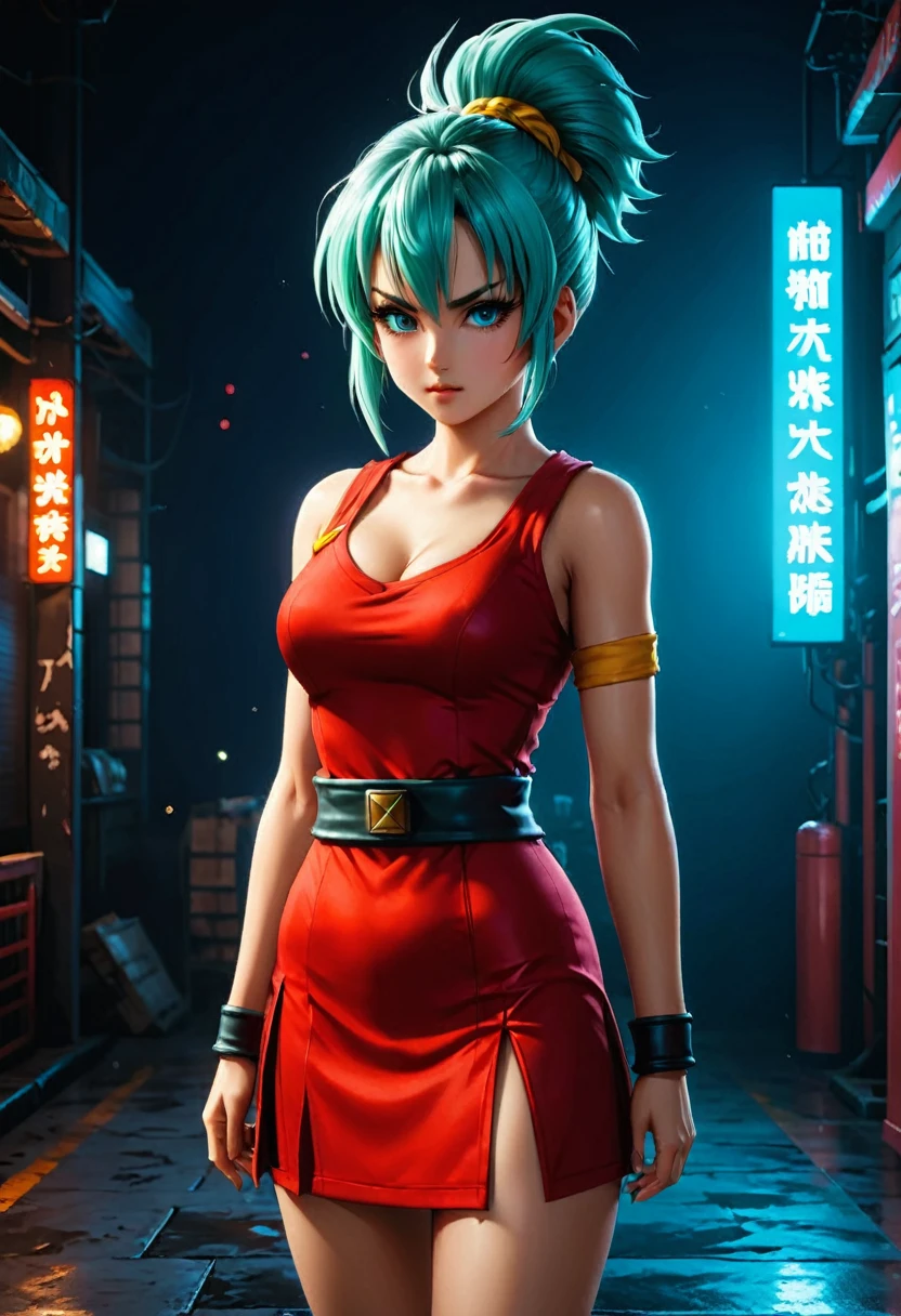 a woman in a red dress and a yellow scarf, Bulma from Dragon Ball, faye san valentin, succubus in short tight dress, rendering in sfm, king of fighters character, 3d realistic anime style., 8k octaas rendered photo, chica saiyajin, photorealistic render of anime girl, as a tekken character, by Okada Beisanjin