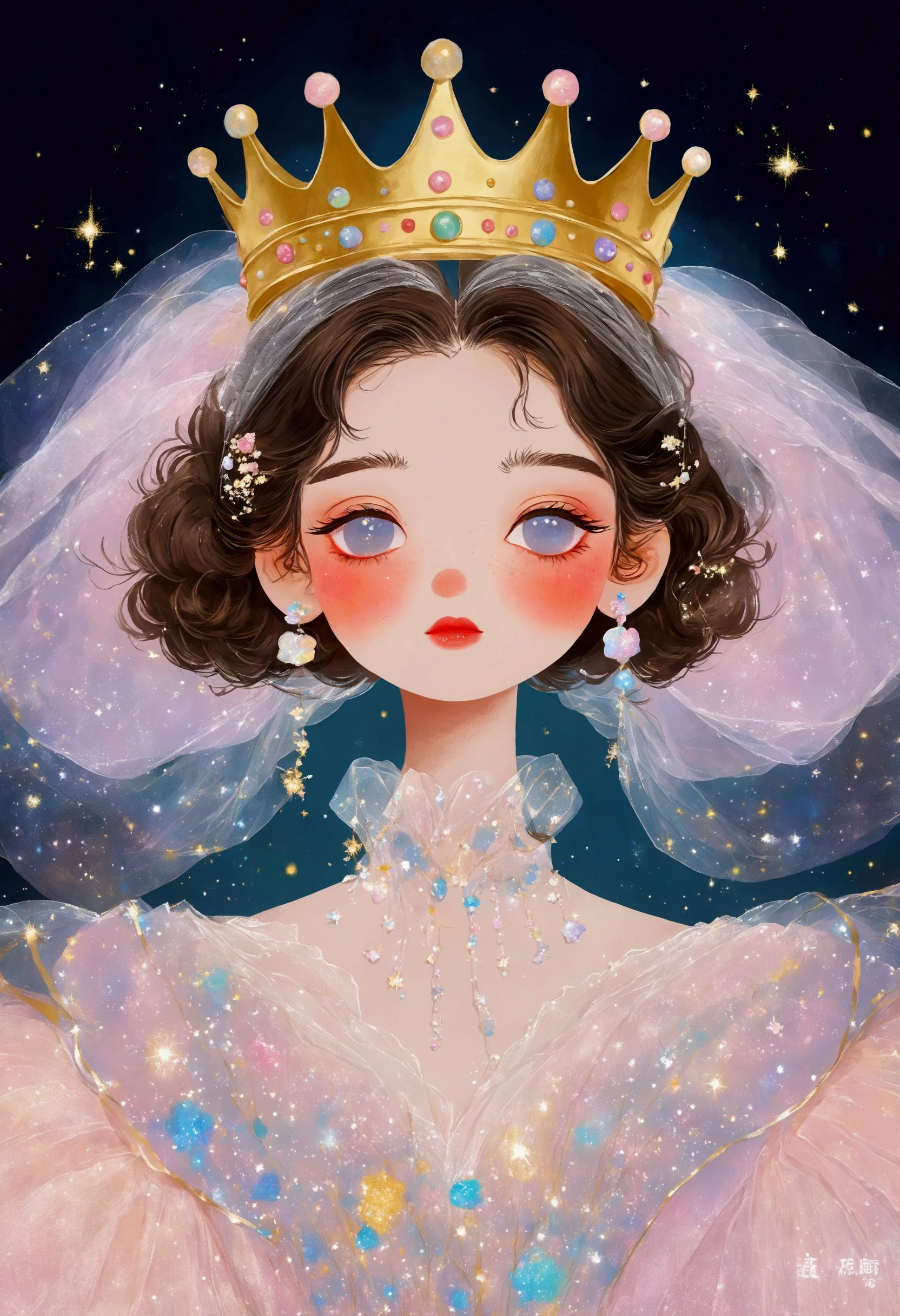 A pastel painting。1 beautiful and elegant girl,Golden crown,veil,Puffy Tulle Dress,Exaggerated sleeves,Fluffy,Fluffy白色薄纱,dreamy starry dark background