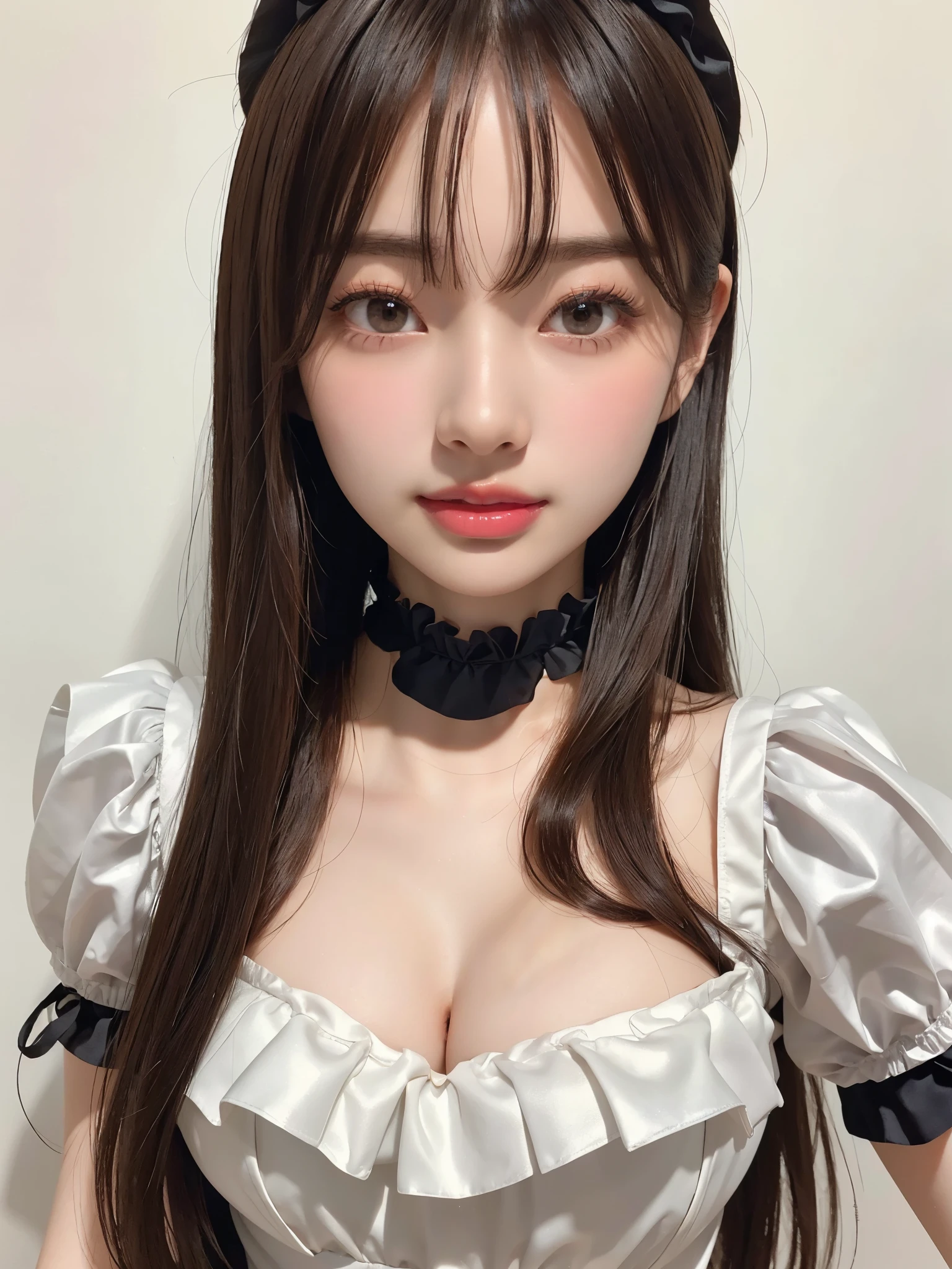 sleep with stuffed animals、Wear a costume、 masterpiece、One girl per photo、Thighs、stockings、Full Body Shot、Front view、Young and beautiful woman in Japan、Wearing a cute short-sleeved satin silver black maid outfit、With a big smile、White ruffled headband、White frilly apron、Black choker、Charming person、Very cute face、Glossy Lips、Sweaty body、Double eyelids on both eyes、 Natural Makeup、Long eyelashes、Long Bob Hair、Shiny and smooth light brown hair、Asymmetrical bangs、Sunburned skin、Center image、8k resolution、Advanced Details、Detailed hairstyle、Detailed face、Great cinema lighting、Octane Rendering、Vibrant、Ultra-realistic、Perfect limbs、Perfect Anatomy、Huge
