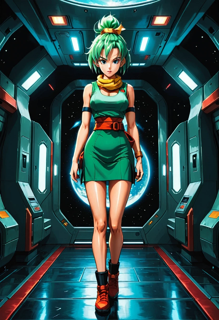 Realistic 8K, Araffe with a very short red micro dress and a yellow scarf , green hair, short hair, walking inside spaceship, ., Bulma from Dragon Ball, Fitted garment, tight dress, very toned legs, toned body, very big legs, muscular legs, big thighs