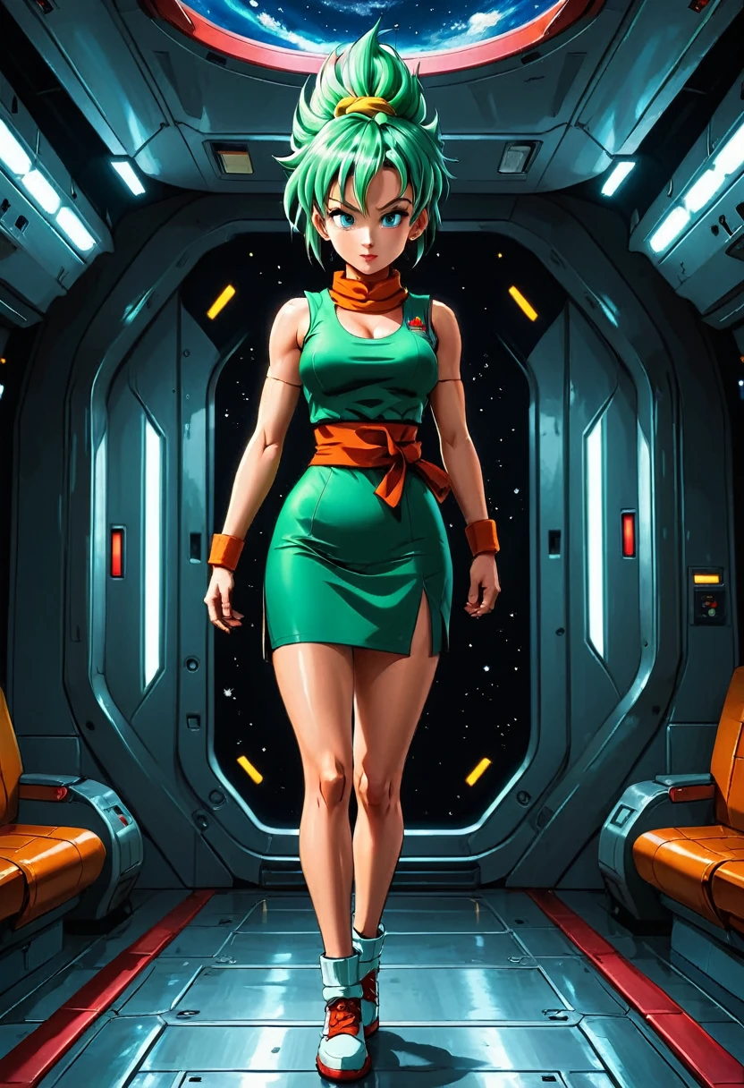 Realistic 8K, Araffe with a very short red micro dress and a yellow scarf , green hair, short hair, walking inside spaceship, ., Bulma from Dragon Ball, Fitted garment, tight dress, very toned legs, toned body, very big legs, muscular legs, big thighs