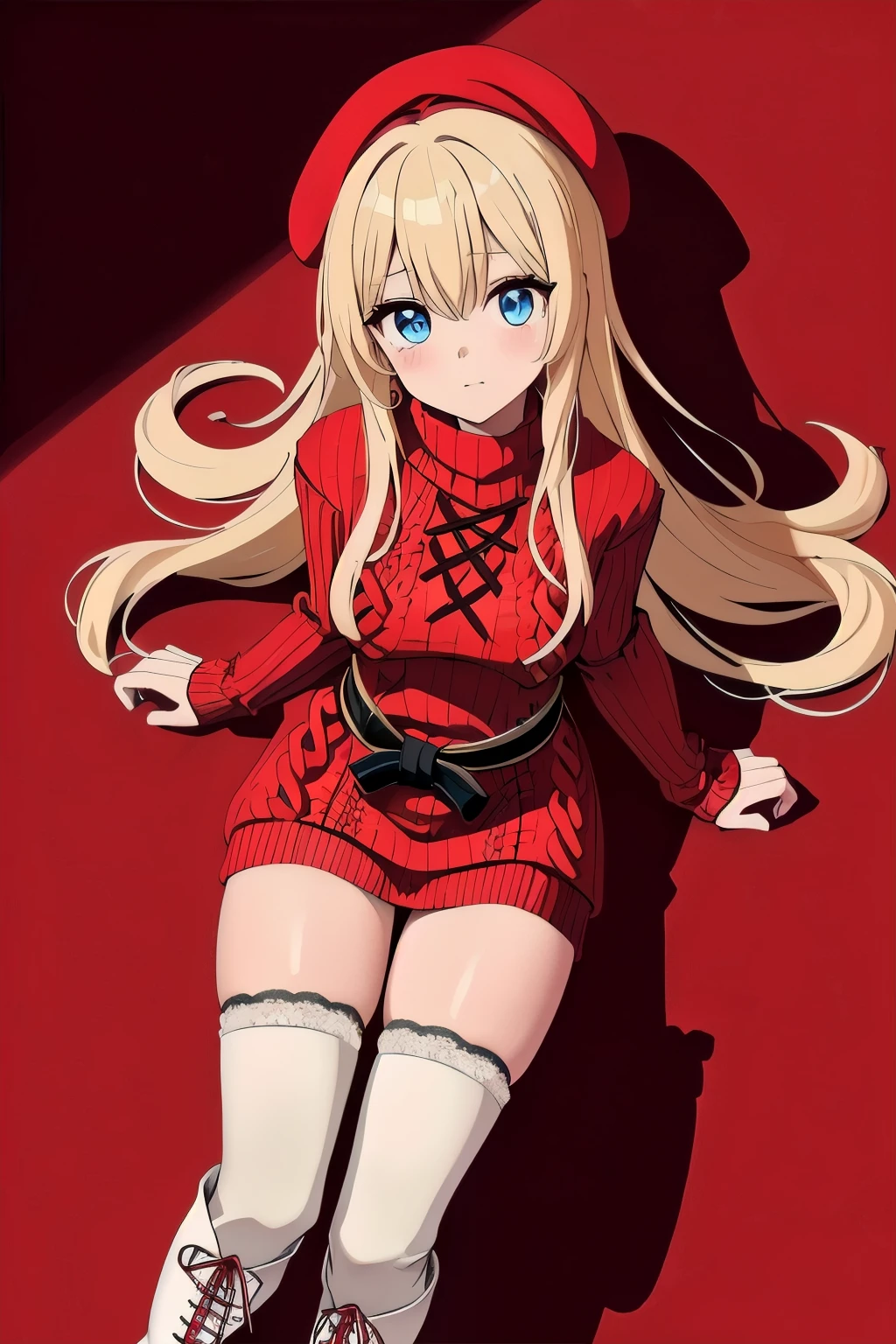 anime、animeスタイル、(masterpiece, Highest quality, Very detailed, Best Shadow), (Detailed Background) ,、One girl, sexy、Red long hair、Blue Eyes、beautiful girl、Well drawn eyes, Well-drawn faces、(((red vertical sweater、Red Long Sweater、Red long vertical sweater)))を着たbeautiful girl、(Red clothing≫Lab coat)、(((red vertical sweater、Red Long Sweater、Red long vertical sweater))、A long vertical red sweater, including the bottoms、Absolute area、(((White lace-up thigh-high boots that reach above the knee)))、Round beret、White beret))、Red long hair、red vertical sweater、Put on a white coat over your sweater、Eye highlights、A black belt worn diagonally around the waist、