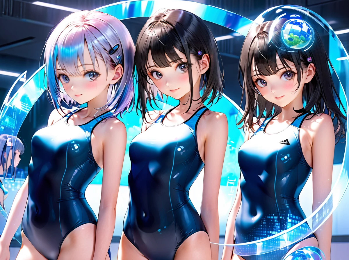 School swimsuit 3girls, cyber world, hologram, School swimsuit, cyber world, Hologram, SF, gleaming, glamourous