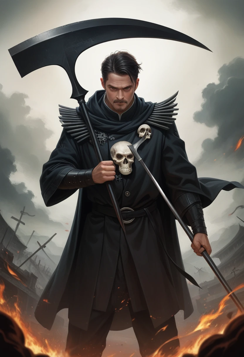 A man, Holding a black scythe,It is decorated with Japanese symbols of death., Black flames burst from the decoration, The edge of the scythe comes out of it,The black wind brings the ghost of the skull, Best for face and sickle Judy The man wears the right sickle steel suit, This man has black hair., Man is the embodiment of death, (CG 8k module with very detailed background) (best quality), (Best Illustration), (Best color tone), Very detailed