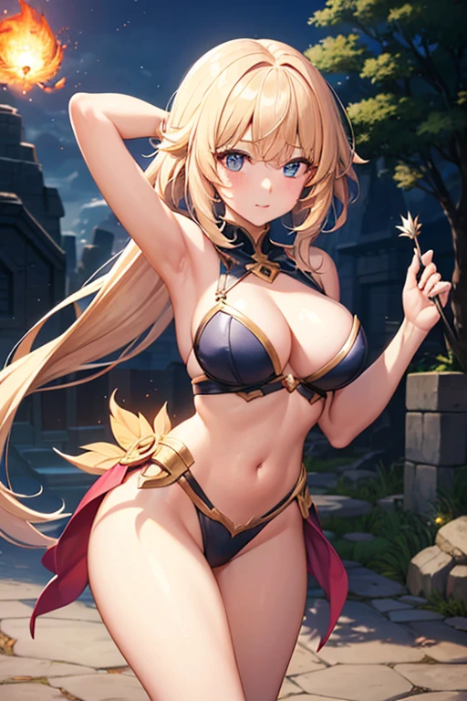 A girl from the fantasy world with pheolete hair casts a pheolete fireball