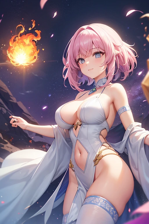 A girl from the fantasy world with pheolete hair casts a pheolete fireball