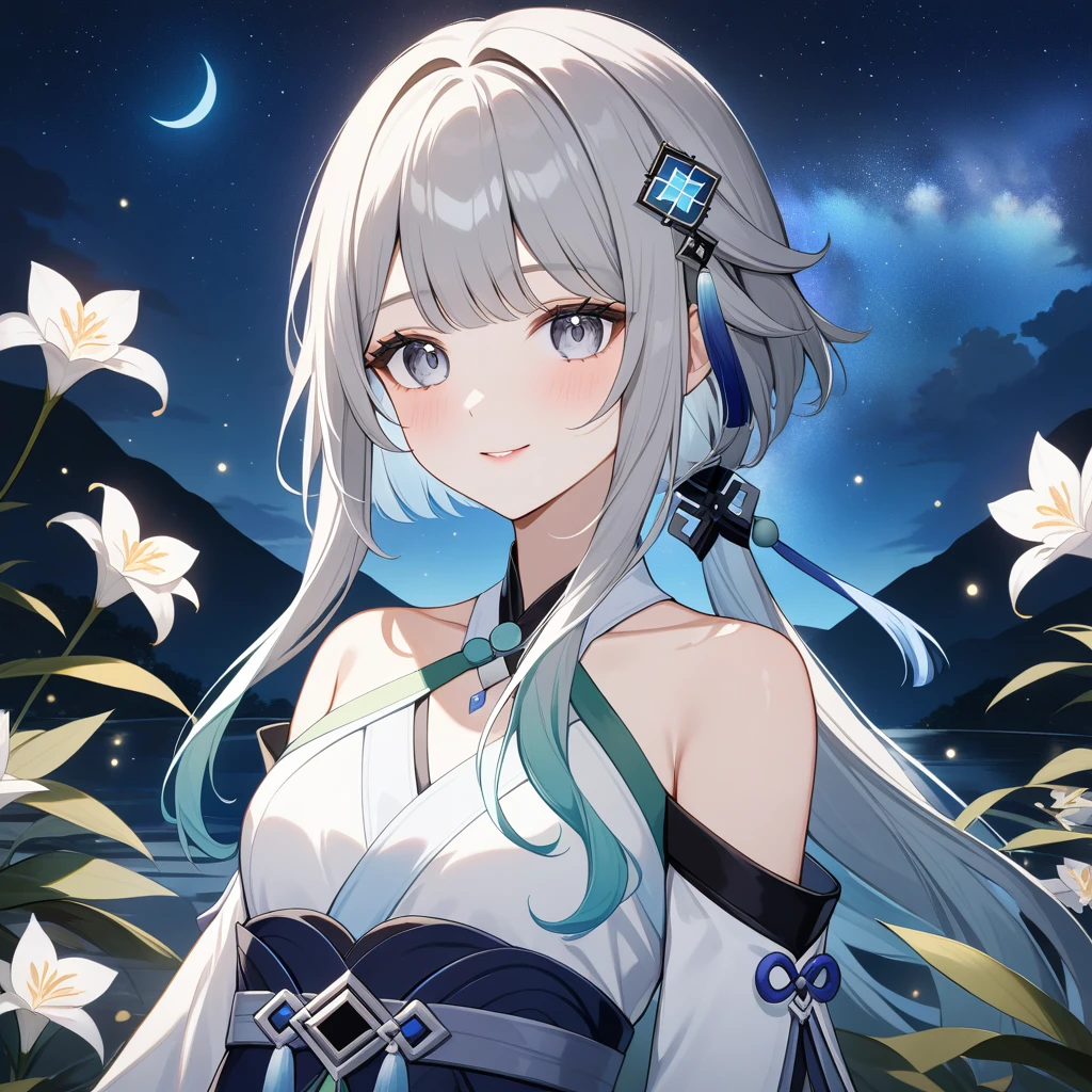 1girl, guizhong_\(genshin_impact\),(grey hair),short_hair_with_long_locks in front and low ponytail in back,gradient_hair,(pale grey eyes with seafoam gradient),starry_sky_print,detached_sleeves white outside blue starry inside, hands completely hidden by long sleeves,stunning field of softly glowing cerulean and white glaze lilies,night scene,gentle smile,face focus, eye focus,ladyshadow,moonlight,glossy lips,vivid anime coloring,cel shading,smooth, soft dreamy focus,anklet,halter_top,white clothes,highly detailed,digital painting,bare_shoulders,barefoot,cool night tones, magical night scene,bokeh, professional,anemo colored fireflies,nebula of stardust and silvery vapor,harmonious blend of nature and art,transcendent beauty,awe-inspiring artwork,(best quality,4k,8k,highres,masterpiece:1.2),cosmic stardust