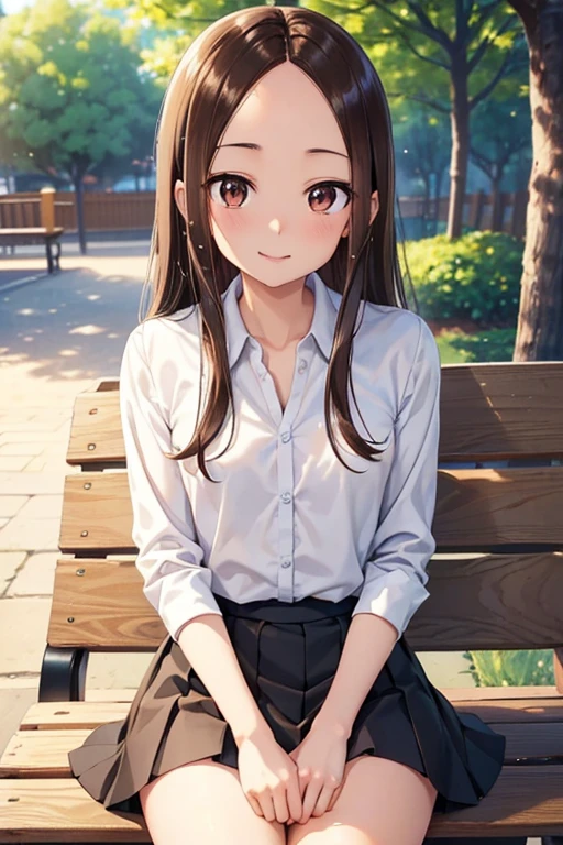 Takagi-san、Shiny brown hair, Long Hair,((Medium chest、Forehead、Center part))、 Beautiful brown eyes、smile、Sparkling eyes, (fine grain)、Very fine eye、Highly detailed face, Highly detailed eyes, Cowboy Shot、 


girl，the body is slim，ＪＫ，Short skirt，Slim and full legs，sitting on a park bench，show her legs