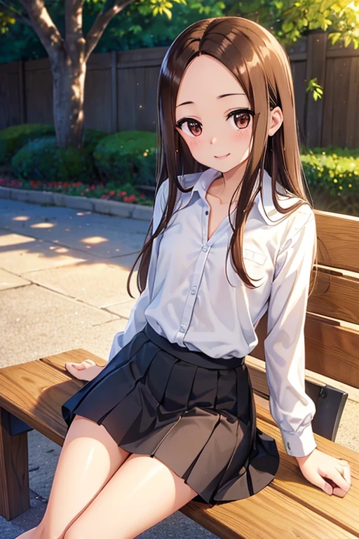 Takagi-san、Shiny brown hair, Long Hair,((Medium chest、Forehead、Center part))、 Beautiful brown eyes、smile、Sparkling eyes, (fine grain)、Very fine eye、Highly detailed face, Highly detailed eyes, Cowboy Shot、 


girl，the body is slim，ＪＫ，Short skirt，Slim and full legs，sitting on a park bench，show her legs