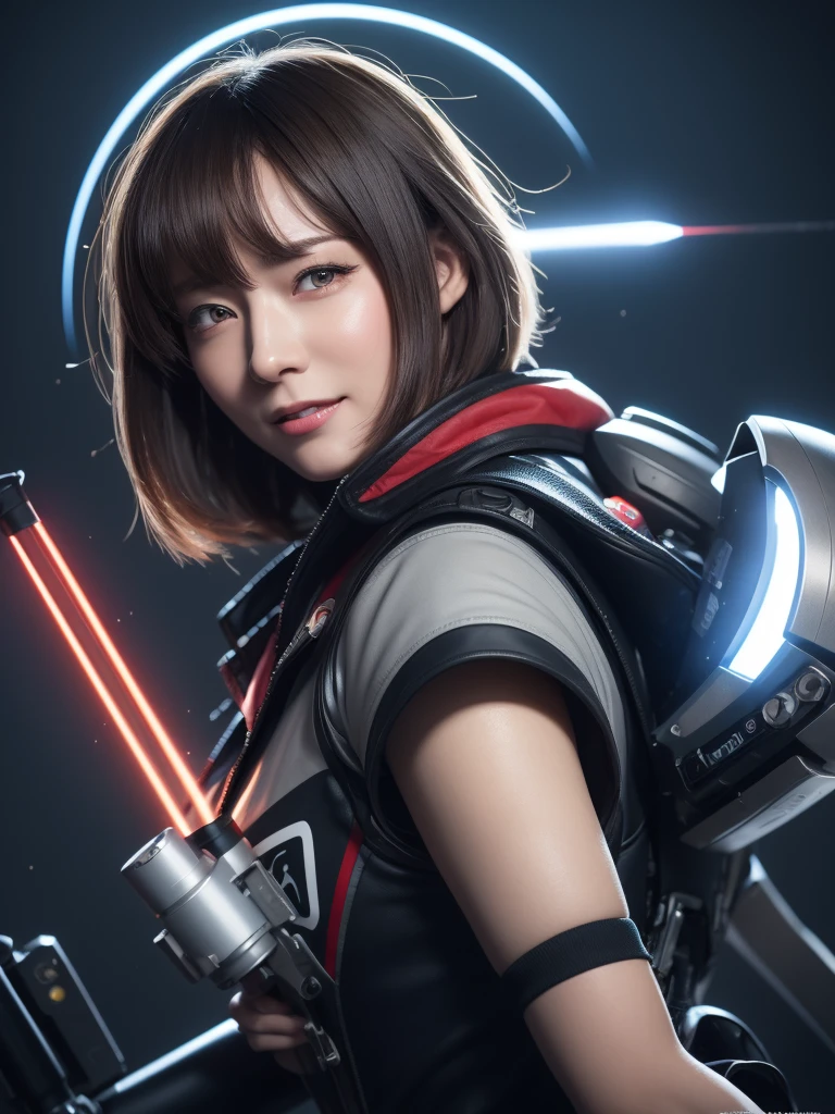 1lady crying,japnese anime art works,gimmick weapon cyborg, closed mouth,large lips,nihilistic smile,transform body,red jacket uniform, yellow muffler fluttering in the wind,battle,(pewter eyes:1.1),middle age german lady,massive upper body,laser beam shoot of fingers,(shoot Missile of the elbow:1.3),feeling of speed,white short hair,Illustration, High resolution, 8K, Very detailed, Best Illustration, Best Quality, ultra-detailliert, masterpiece,cyborg style
