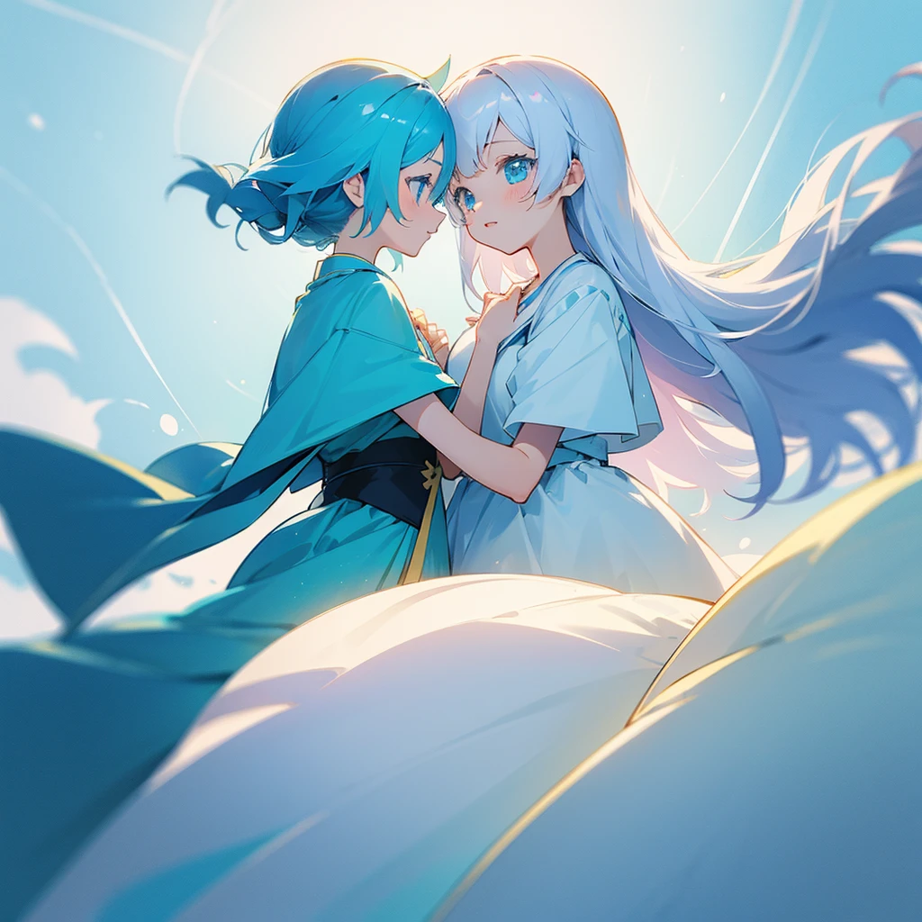Two girls cute illustration light blue and white anime style