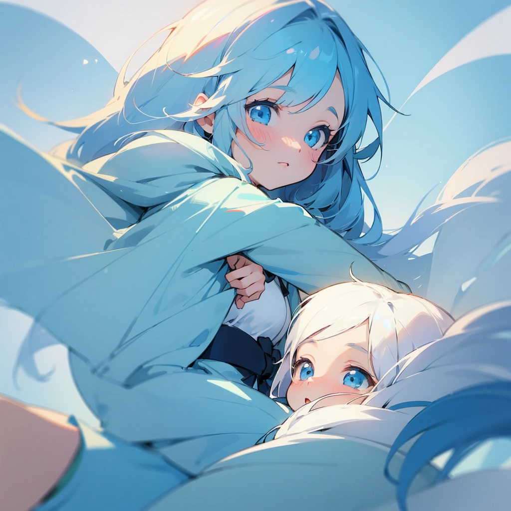 Two girls cute illustration light blue and white anime style