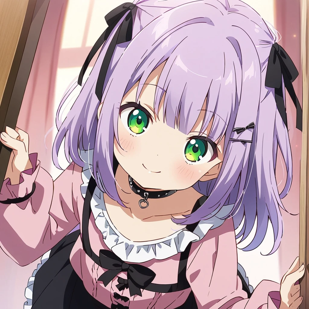 A girl, cute, kawaii, masterpiece, detailed description, detailed line drawing, (a girl with closs hair pin, A girl has her fingers on the door, sticking her head out and looking at viewer. Light purple hair, smiling face, green eyes. closs hair pin, pink shirt, cosplay, jirai kei, bangs, black skirt, black bow, looking at viewer, bow, long sleeves, choker, ribbon:1.4), anime visual, (tilt head:1.3),