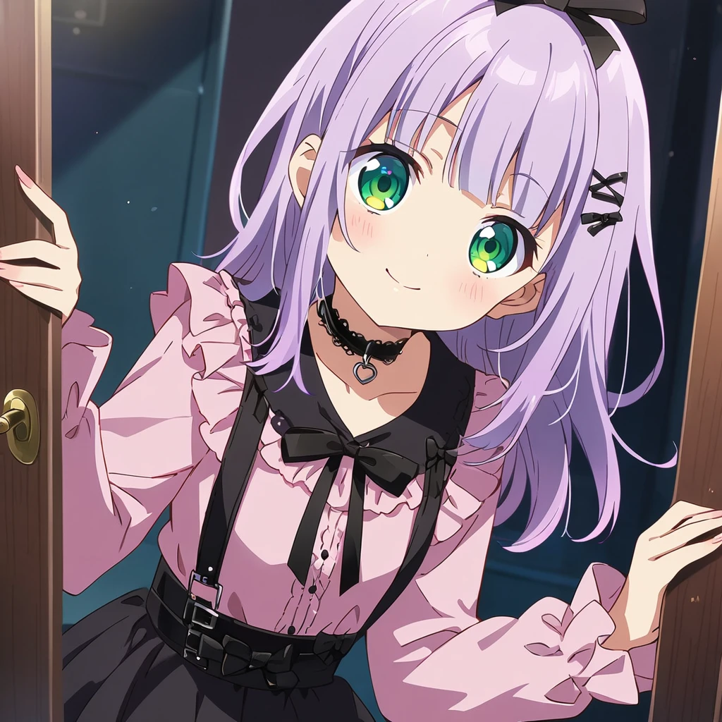 A girl, cute, kawaii, masterpiece, detailed description, detailed line drawing, (a girl with closs hair pin, A girl has her fingers on the door, sticking her head out and looking at viewer. Light purple hair, smiling face, green eyes. closs hair pin, pink shirt, cosplay, jirai kei, bangs, black skirt, black bow, looking at viewer, bow, long sleeves, choker, ribbon:1.4), anime visual, (tilt head:1.3),