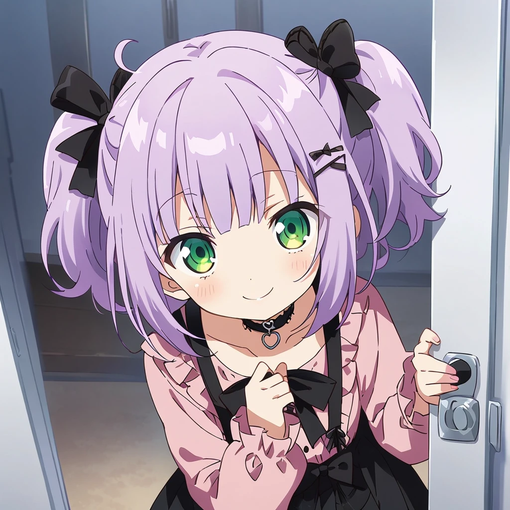 A girl, cute, kawaii, masterpiece, detailed description, detailed line drawing, (a girl with closs hair pin, A girl has her fingers on the door, sticking her head out and looking at viewer. Light purple hair, smiling face, green eyes. closs hair pin, pink shirt, cosplay, jirai kei, bangs, black skirt, black bow, looking at viewer, bow, long sleeves, choker, ribbon:1.4), anime visual, (tilt head:1.3),