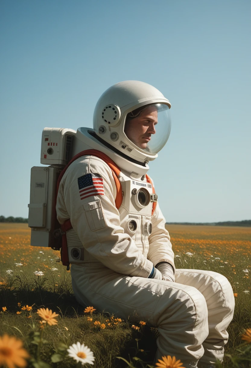 an astronaut on a strange planet, sitting in the open field of corns, there is a galaxy in the sky, the scene is cinematic and surreal, highly detailed and epic scene