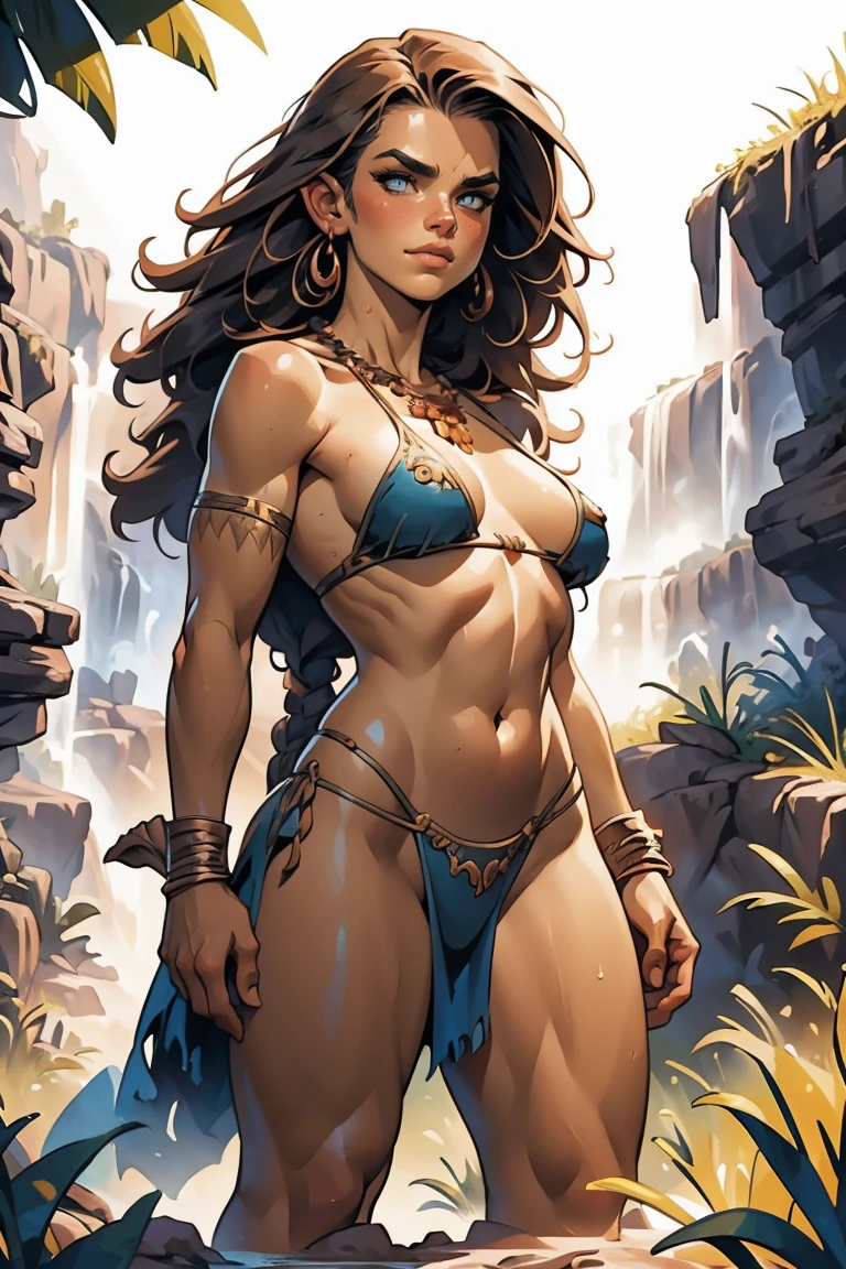 a naked female cavewoman based on Alina Lopez, highly detailed cinematic fantasy illustration, black outlining, full color illustration, in the style of BORIS VALLEJO & JULIE BELL, masterpiece, 8k, ultra-detailed, physically-based rendering, vivid colors, dramatic lighting, intricate background, photorealistic