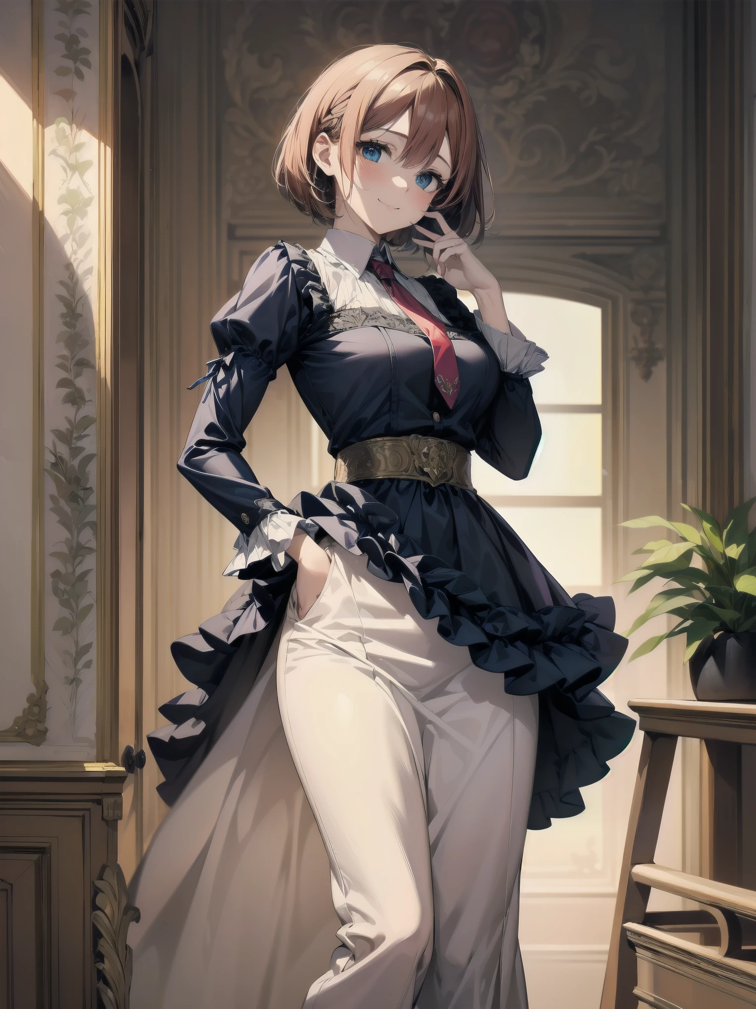 Scene Description: - Composition: Portrait. Focus on the face. Shot from the front. - Subject: Cute girl. (Chibi:1.1). Real person. - Features: - Face: (Cute round face:1.2). - Eyes: Detailed dark blue eyes. - Hair: One-leg bob-cut hair down the front with a large ribbon hairpiece, (golden hair), (red inner hair), auburn hair, hair between the eyes. - Body: Detailed slender body. Large breasts. - Clothing: Pink ruffled blouse, flares, blue ribbon tie, long ruffled sleeves, layered skirt. - Expression: happy expression. Mouth open. - Pose: head tilted back. She is looking at the viewer. - Background: living room of a trendy café. - Elements: Houseplants. Cute pastel sofa. Cute pastel curtains. Cute pastel-colored wallpaper. Time: Daytime. Lighting: (Natural light: 1.4). Art Style: Watercolor. Traditional media. Quality: Intricate details. Highly detailed. Outstanding complexity. (Masterpiece: 1.2). (Highest quality: 1.2). (Absurd absolute resolution: 1.4). Mood: Calm,