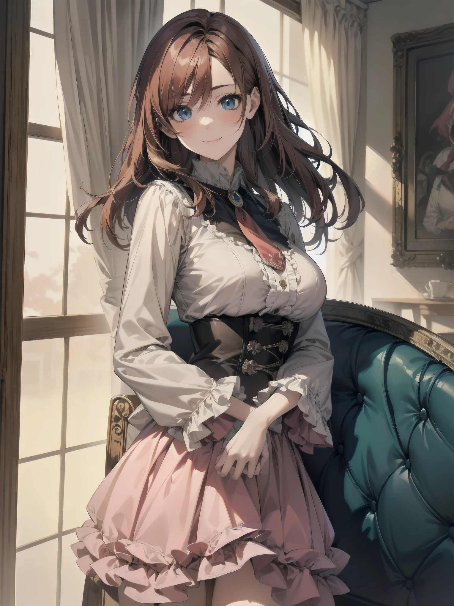 Scene Description: - Composition: Portrait. Focus on the face. Shot from the front. - Subject: Cute girl. (Chibi:1.1). Real person. - Features: - Face: (Cute round face:1.2). - Eyes: Detailed dark blue eyes. - Hair: One-leg bob-cut hair down the front with a large ribbon hairpiece, (golden hair), (red inner hair), auburn hair, hair between the eyes. - Body: Detailed slender body. Large breasts. - Clothing: Pink ruffled blouse, flares, blue ribbon tie, long ruffled sleeves, layered skirt. - Expression: happy expression. Mouth open. - Pose: head tilted back. She is looking at the viewer. - Background: living room of a trendy café. - Elements: Houseplants. Cute pastel sofa. Cute pastel curtains. Cute pastel-colored wallpaper. Time: Daytime. Lighting: (Natural light: 1.4). Art Style: Watercolor. Traditional media. Quality: Intricate details. Highly detailed. Outstanding complexity. (Masterpiece: 1.2). (Highest quality: 1.2). (Absurd absolute resolution: 1.4). Mood: Calm,