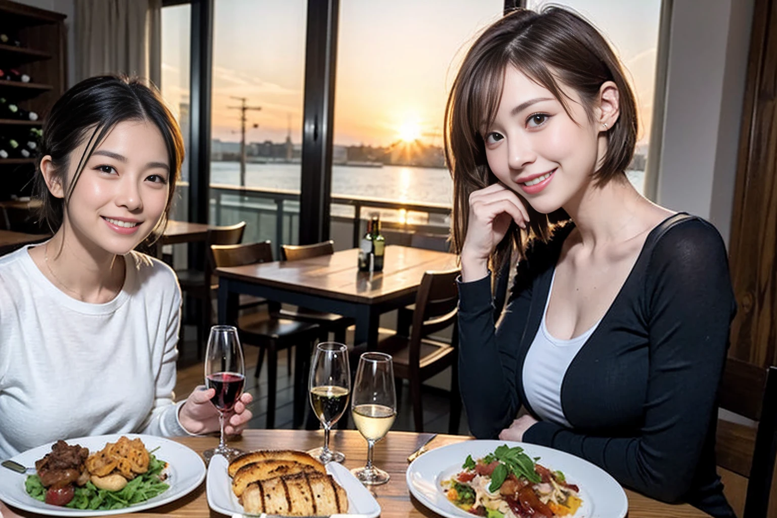 ((Highest quality、、masterpiece:1.3))、1 male 1 female、、Beautiful couple、Japanese couple、smile、 (Slim face), (the body is スリム), (Brown Hair), (Shortcuts), ((Bob Hale、Straight hair:1.2)), テーブルの上のフルコースディナーwine glass、Please shine a light on my face、 Amazing view of the sunset sky and clouds、smileの美しさ、Bright imYear、Blushing, Shortcuts,Bright Face、 Year), 39 Year, red wine 、Appetizers、Italian food、Wine bottle、Champagne、sparkling wine、Long sleeve shirt、dress、Attractive beauty、restaurant, Nova Frog Style, actress, model, Upper Body, White wine, red wine, wine glass,