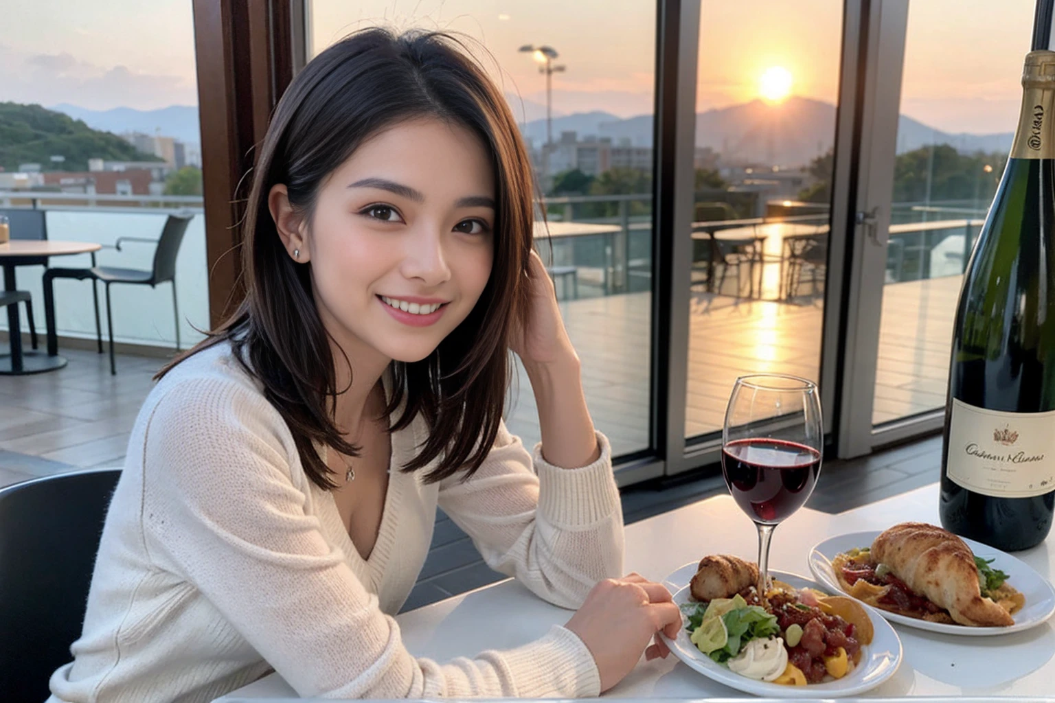 (Realistic:1.1),(masterpiece,Highest quality),8k,(56 years old), 53 years old, ベリーslimボディ、slimカップル、Tight waist,Upper Body,full-course dinner、wine 、Amazing view of the sunset sky and clouds、Perfect Anatomy, Brown Hair, short hair,Random Hairstyles,((Highly detailed face and eyes:1.2)),Perfect golden ratio face,Long sleeve shirt、dress,(smile:1.2)、Shortcuts、cute、(Realistic, Intricate details:1.2), A bright smile、short hair,Bright Face、赤wine 、Appetizers、Italian food、wine bottle、Champagne、スパークリングwine、(slimな顔), (The body is slim), (Brown Hair), (Shortcuts), Upper Body, 白wine, slim, wineグラス,